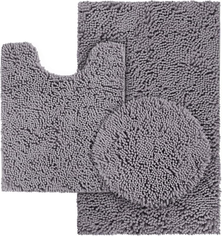 Photo 1 of HOMEIDEAS 3 Pieces Grey Bathroom Rugs Set, Ultra Soft Non Slip Bath Rug and Absorbent Chenille Bath Mat, Includes U-Shaped Contour Rug, Bath Mat and Toilet Lid Cover, Perfect for Bathroom, Tub