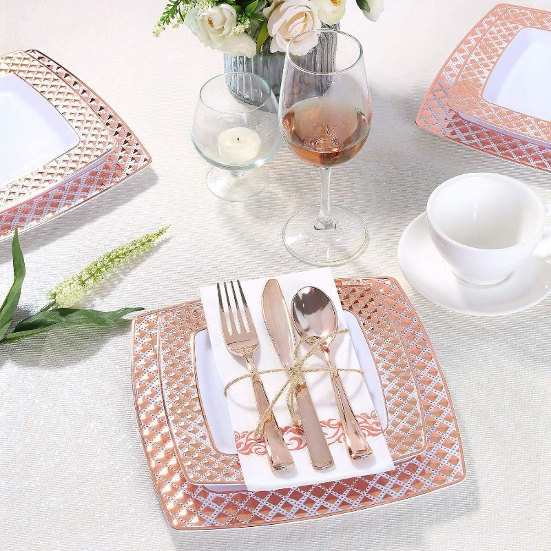 Photo 2 of I00000 175 Piece Rose Gold Disposable Dinnerware Set for Party-50 Square Rose Gold Plastic Plates disposable-25 Rose Gold Plastic Silverware-25 Rose Gold Plastic Cups-25 Rose Gold Napkins for Wedding