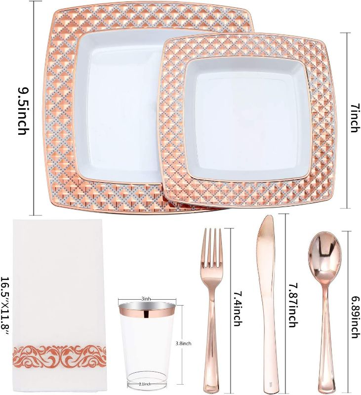 Photo 3 of I00000 175 Piece Rose Gold Disposable Dinnerware Set for Party-50 Square Rose Gold Plastic Plates disposable-25 Rose Gold Plastic Silverware-25 Rose Gold Plastic Cups-25 Rose Gold Napkins for Wedding