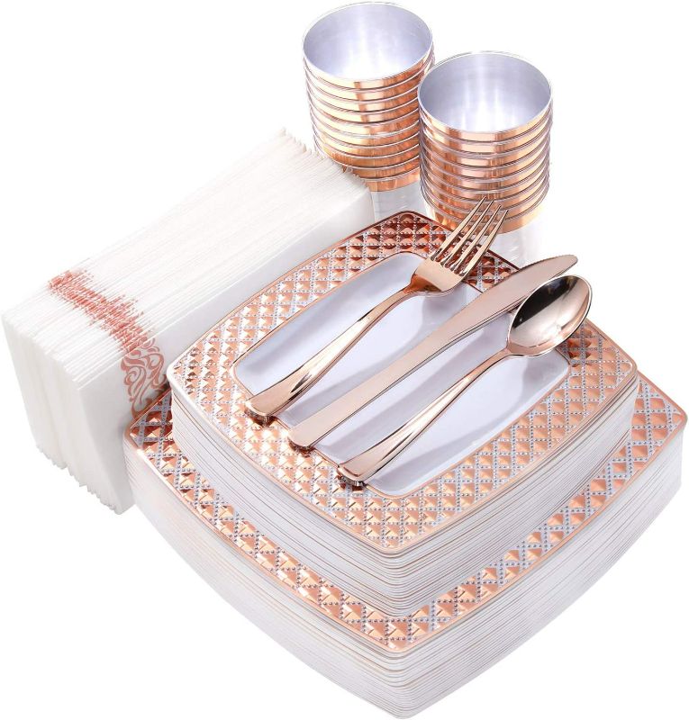 Photo 1 of I00000 175 Piece Rose Gold Disposable Dinnerware Set for Party-50 Square Rose Gold Plastic Plates disposable-25 Rose Gold Plastic Silverware-25 Rose Gold Plastic Cups-25 Rose Gold Napkins for Wedding