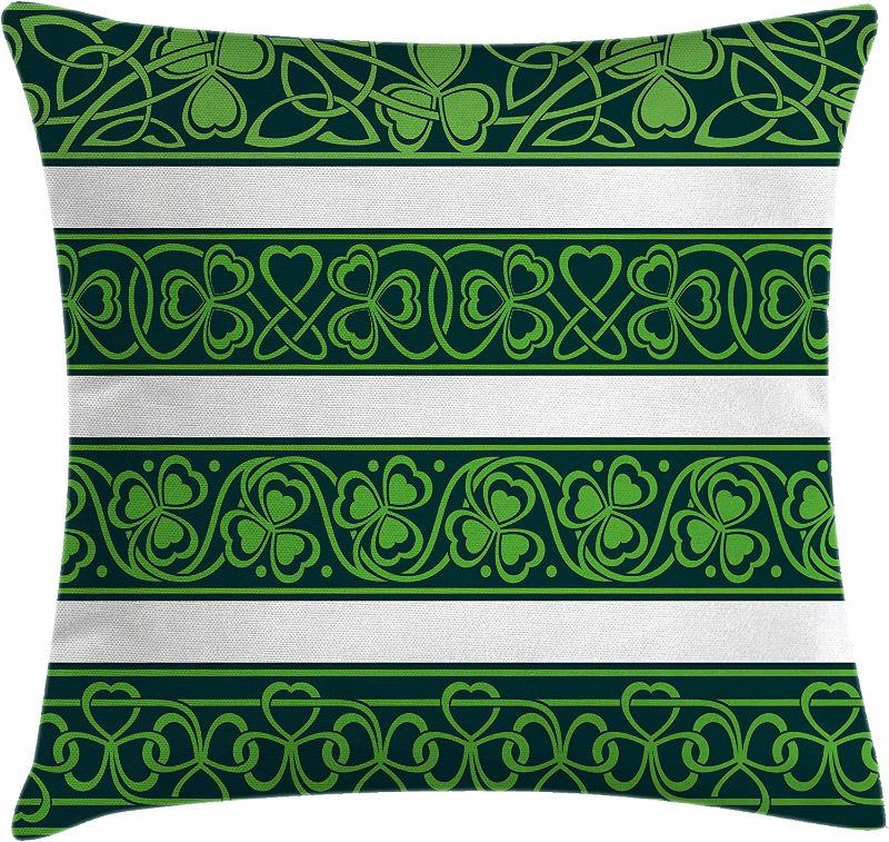 Photo 1 of Ambesonne Irish Throw Pillow Cushion Cover, Shamrock Borders Gaelic Nature Botany Theme Trefoils with Swirls, Decorative Square Accent Pillow Case, 18" X 18", Forest Green