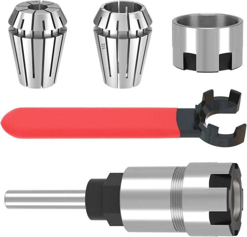 Photo 1 of 1/4 Inch Shank Router Collet Extension Chuck Holder Extender Adapter Woodworking Milling Bit Convert 1/2-Inch & 1/4-Inch Shank Bits with ER20 Spring Collet 6.5mm 12.7mm, ER20 M Type Wrench Spanner