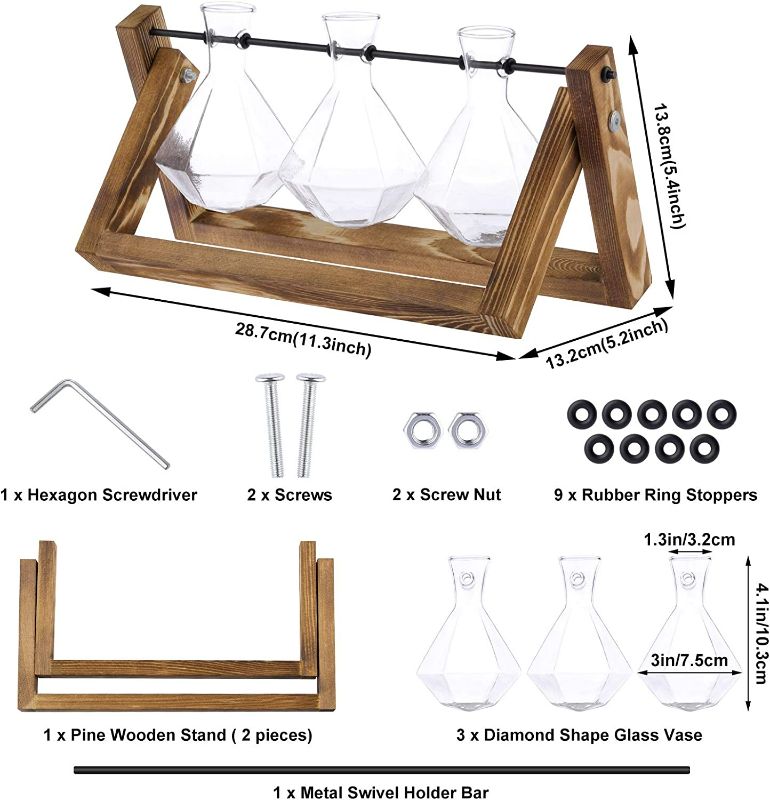 Photo 2 of Firbon Plant Propagation Station, 3 Diamond Glass Planter Bulb Vase, Desktop Air Plant Terrarium with Solid Wooden Stand for Hydroponics Plants Home Office Garden Decor