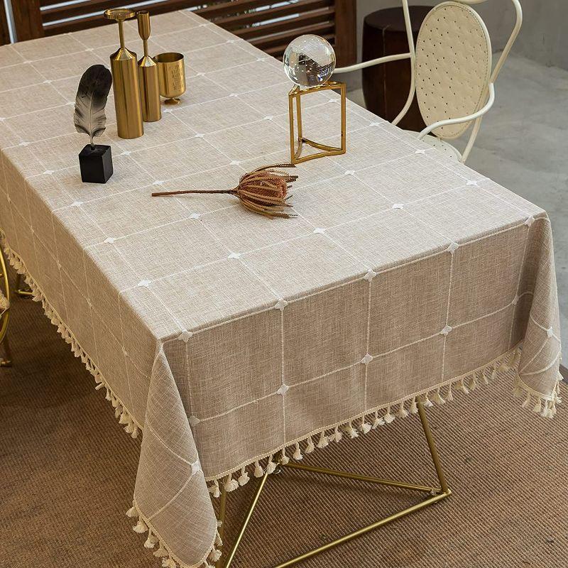 Photo 1 of TEWENE Tablecloth, Rectangle Table Cloth Cotton Linen Wrinkle Free Anti-Fading Checkered Tablecloths Washable Dust-Proof Embroidery Table Cover (Rectangle/Oblong, 55''x120'',10-12 Seats, Light Brown)