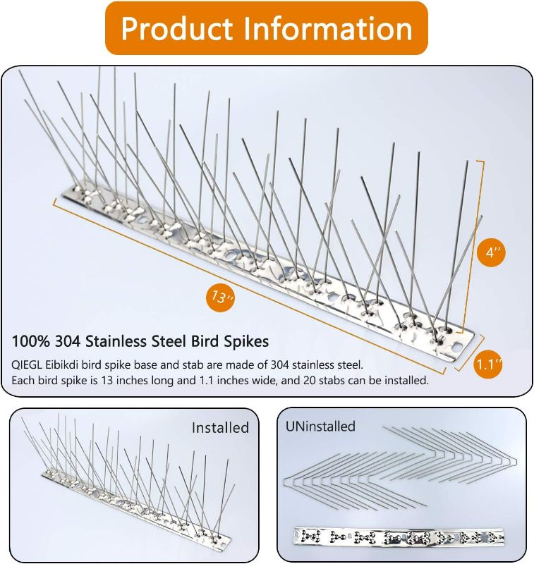 Photo 2 of QIEGL Bird Spikes for Pigeons Small Birds Anti Bird Spike Metal Bird Deterrent Spikes Stainless Steel Fence Spikes Cover 25 Feet (23 Pack Uninstalled)