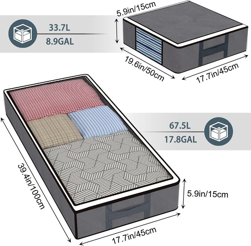 Photo 2 of Isbasa 4 Pack Under Bed Storage Bags, 2 Foldable Underbed Storage Bags and 2 Organizer Bins with 4 Reinforced Handles, Pocket for Labels and Clear Windows for Clothes, Blankets, Bedding, Grey