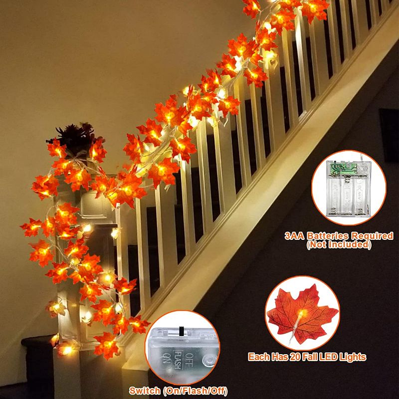 Photo 2 of 4 Pack Fall Decorations Leaf Garland String Lights for Indoor Outdoor Total 40Ft 80LED Size Improved Maple Leaves Light Battery Operate Autumn Thanksgiving Decor Home Halloween Lighted Fall Garland