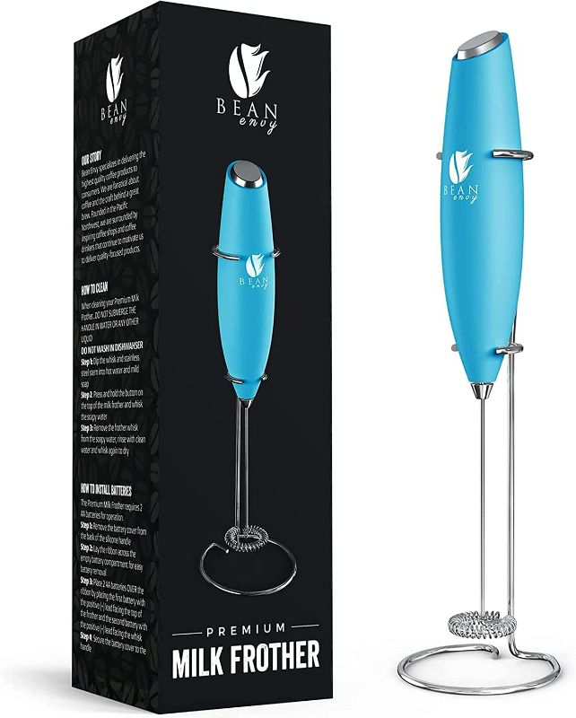 Photo 1 of Bean Envy Handheld Milk Frother for Coffee - Electric Hand Blender, Mini Drink Mixer Whisk & Coffee Foamer Wand w/Stand for Lattes, Matcha and Hot Chocolate - Kitchen Gifts - Light Blue