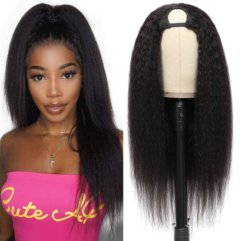 Photo 1 of U Part Wig Human Hair Kinky Straight Human Hair Wigs, 22 inch Half Wig Italian Upart Human Hair Wigs for Black Women Upgraded U Shape Clip in Wigs Yaki Straight
