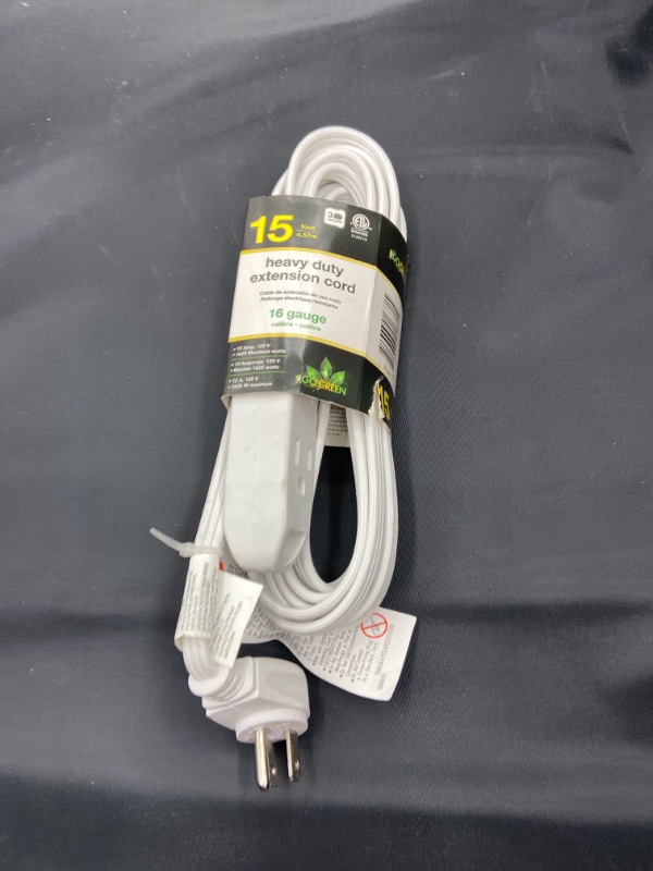 Photo 2 of GoGreen Power (GG-19615) 16/3 15’ 3 Outlet Extension Cord, White, 15 Ft Cord