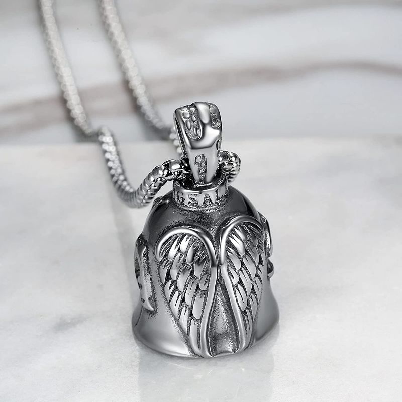 Photo 3 of ALEOED Never Ride Faster Than Your Angel Can Fly Lucky Bell Angel Wing Knight Bell Letters Keychain Motorcycle Bike Riding Guardian Bell Key Ring