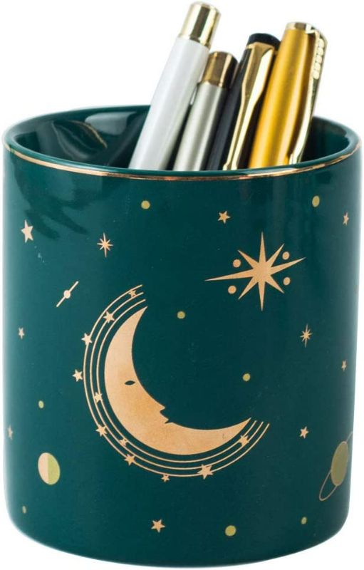 Photo 3 of YOSCO Ceramic Desk Pen Holder Stand Round Pencil Cup Pot Desk Organizer Makeup Brush Holder (Moon-Dark Green)