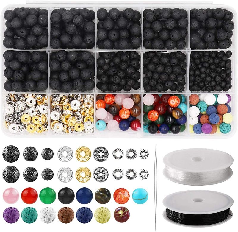Photo 2 of 752pcs Lava Beads Kit, Lava Stone Rock Beads Chakra Beads Spacers Beads with 2 Rolls Elastic Bracelet String and Needle for Essential Oils Bracelet Necklace Jewelry Making (8mm 6mm 4mm)
