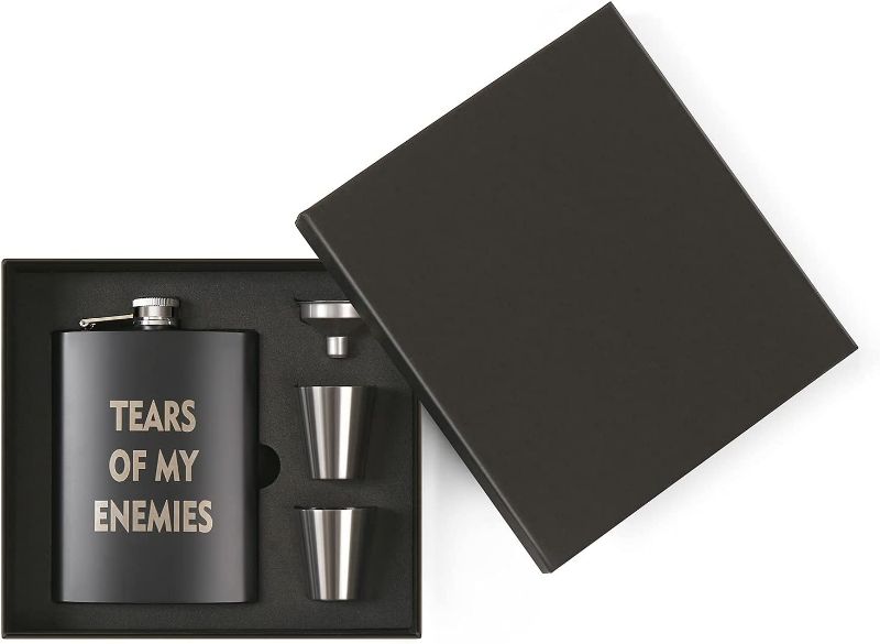 Photo 2 of Funny flask for liquor for men and women, Hip Flask Gift set, Tears of My Enemies, 8 ounce, 304 Stainless Steel with 2 cups and Funnel, Laser Engraved (Tears of My Enemies)