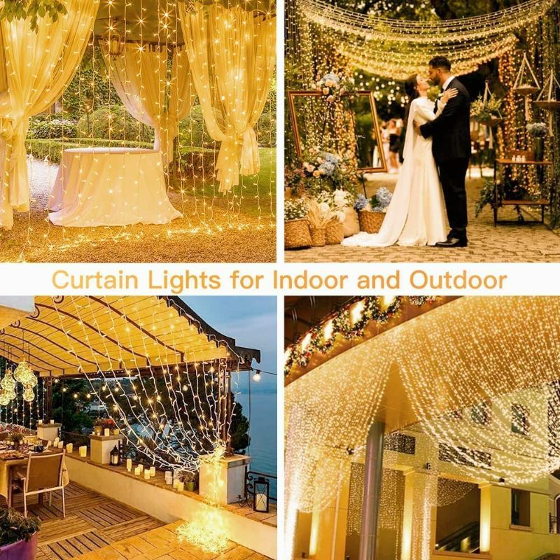 Photo 1 of Ollny Fairy Lights, 200 LED 6.6x6.6ft Curtain Lights with 8 Modes Timer & Remote, USB Powered Waterproof String Lights for Bedroom Party Wall Home Wedding Decorations(Warm White)