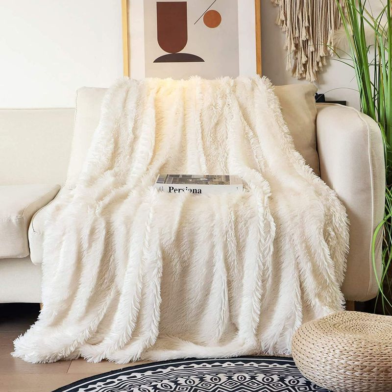 Photo 2 of Decorative Extra Soft Faux Fur Blanket Queen Size 78" x 90",Solid Reversible Fuzzy Lightweight Long Hair Shaggy Blanket,Fluffy Cozy Plush Fleece Comfy Microfiber Blanket for Couch Sofa Bed,Cream White