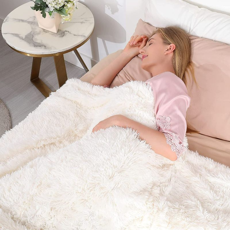 Photo 3 of Decorative Extra Soft Faux Fur Blanket Queen Size 78" x 90",Solid Reversible Fuzzy Lightweight Long Hair Shaggy Blanket,Fluffy Cozy Plush Fleece Comfy Microfiber Blanket for Couch Sofa Bed,Cream White