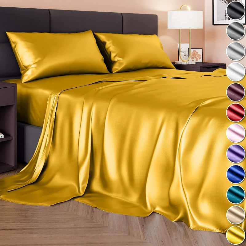 Photo 2 of DECOLURE Satin Sheets Queen Size (4 Pieces, 8 Colors), Silky Satin Sheet Set -Satin Bed Set with 2 Pillowcase, Satin Fitted Sheet - Gold Satin Sheets, Queen Size Satin Sheets, Satin Bed Sheets Queen