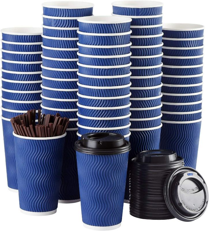 Photo 1 of Disposable Coffee Cups with Lids and Straws - 16 oz (90 Set) Togo Hot Paper Coffee Cup with Lid To Go for Beverages Espresso Tea Insulated Reusable Cold Drinks Ripple Cups Protect Fingers From Heating