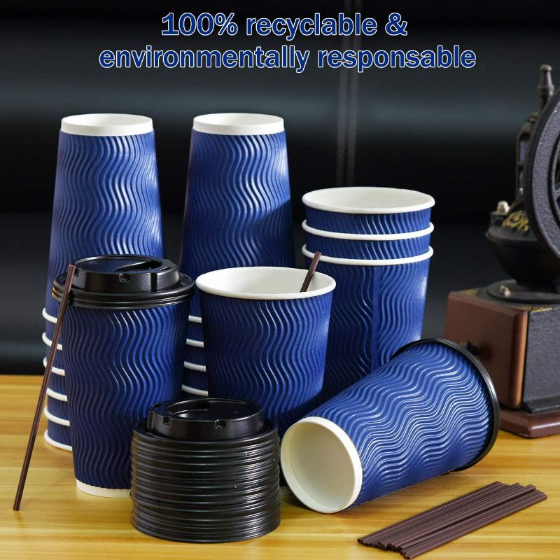 Photo 4 of Disposable Coffee Cups with Lids and Straws - 16 oz (90 Set) Togo Hot Paper Coffee Cup with Lid To Go for Beverages Espresso Tea Insulated Reusable Cold Drinks Ripple Cups Protect Fingers From Heating
