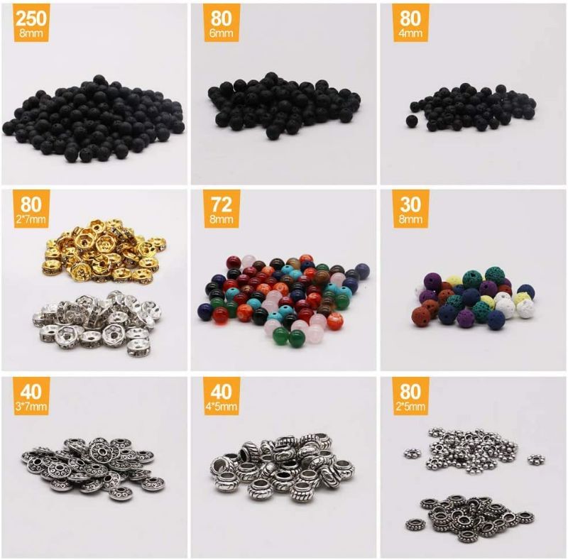 Photo 1 of 752pcs Lava Beads Kit, Lava Stone Rock Beads Chakra Beads Spacers Beads with 2 Rolls Elastic Bracelet String and Needle for Essential Oils Bracelet Necklace Jewelry Making (8mm 6mm 4mm)