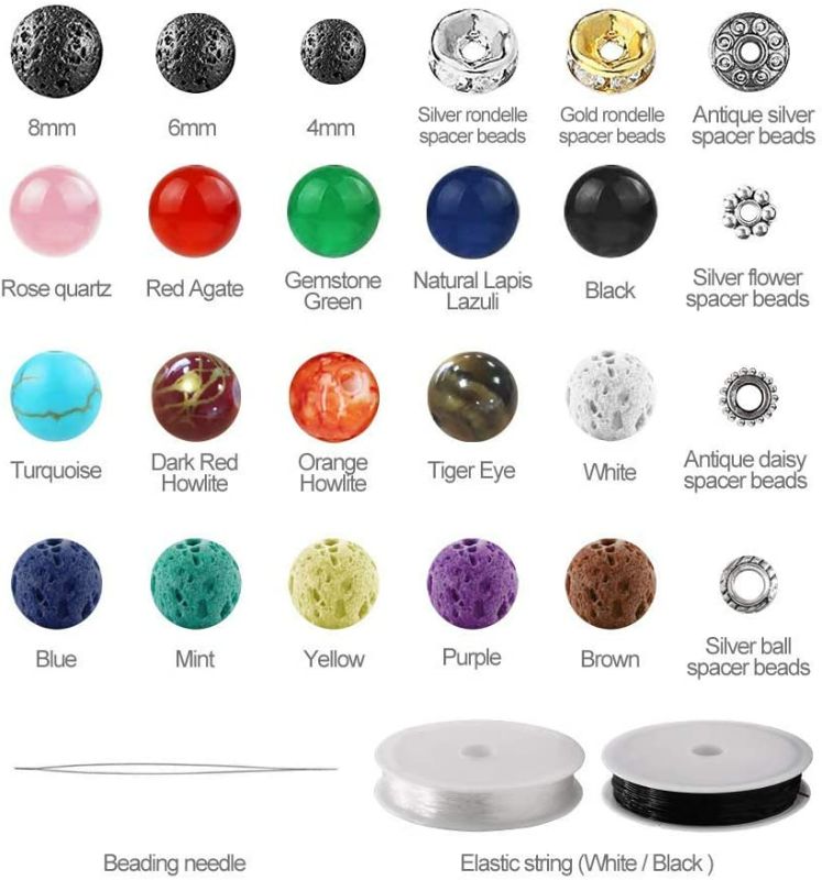 Photo 2 of 752pcs Lava Beads Kit, Lava Stone Rock Beads Chakra Beads Spacers Beads with 2 Rolls Elastic Bracelet String and Needle for Essential Oils Bracelet Necklace Jewelry Making (8mm 6mm 4mm)