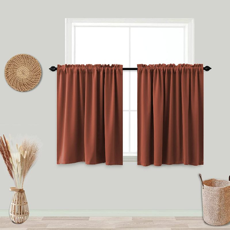 Photo 2 of KOUFALL Terracotta Kitchen Curtains 24 Inch Length Rod Pocket Blackout Cafe Curtain Tiers Red Rust Boho Curtains for Room Decor