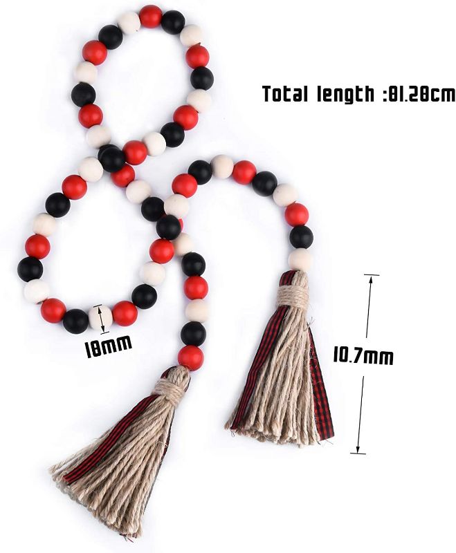 Photo 1 of YEHUONU Wood Bead Garland Set with Tassels, Prayer Beads Farmhouse Beads Wall Hanging Decoration with 2 Pcs Transparent Adhesive Hooks (Black/Red/Natual)