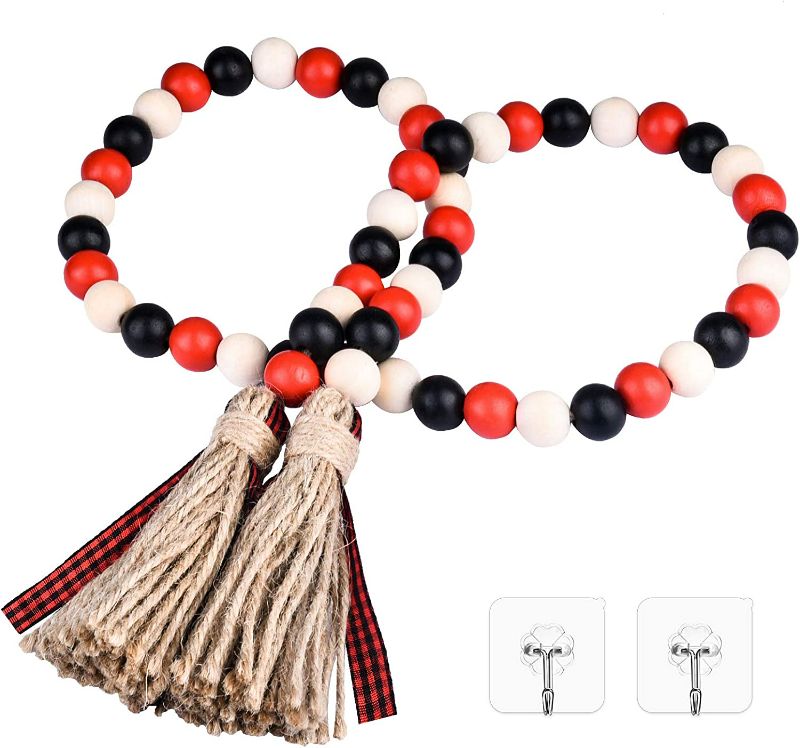Photo 2 of YEHUONU Wood Bead Garland Set with Tassels, Prayer Beads Farmhouse Beads Wall Hanging Decoration with 2 Pcs Transparent Adhesive Hooks (Black/Red/Natual)