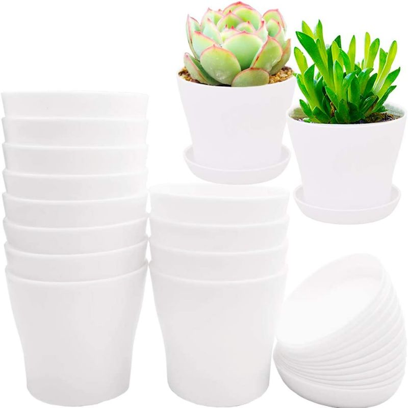 Photo 2 of 12 Pack 4 Inch White Plastic Planters,Round Flower Plant Nursery Pot with Drainage Holes and Tray,Indoor Flower Plant Container for All House Plants,Succulents,Flowers and Cactus