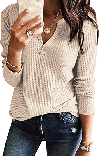 Photo 1 of AUSELILY Women's Waffle Knit Long Sleeve Tunic Tops V Neck Henley Loose Blouses Shirts