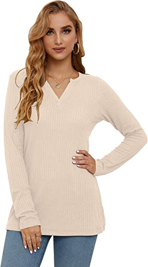 Photo 3 of AUSELILY Women's Waffle Knit Long Sleeve Tunic Tops V Neck Henley Loose Blouses Shirts