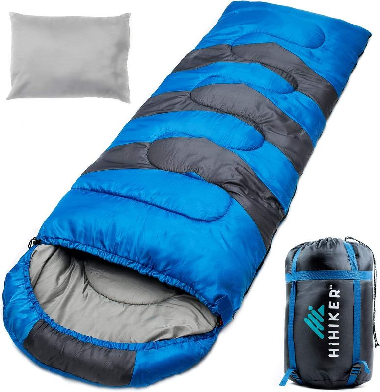 Photo 1 of HiHiker Camping Sleeping Bag + Travel Pillow w/Compact Compression Sack – 4 Season Sleeping Bag for Adults & Kids – Lightweight Warm and Washable, for Hiking Traveling