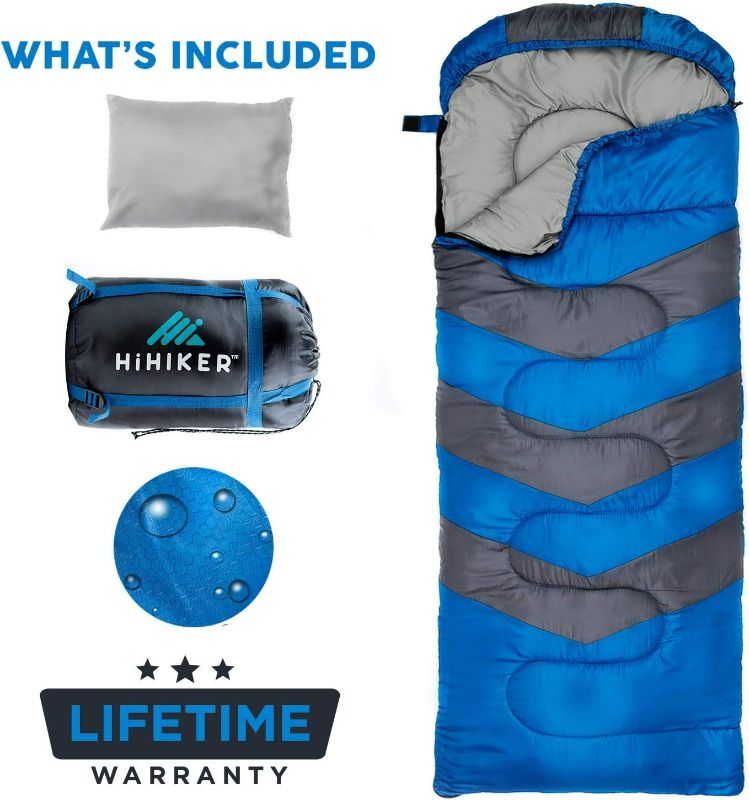 Photo 2 of HiHiker Camping Sleeping Bag + Travel Pillow w/Compact Compression Sack – 4 Season Sleeping Bag for Adults & Kids – Lightweight Warm and Washable, for Hiking Traveling