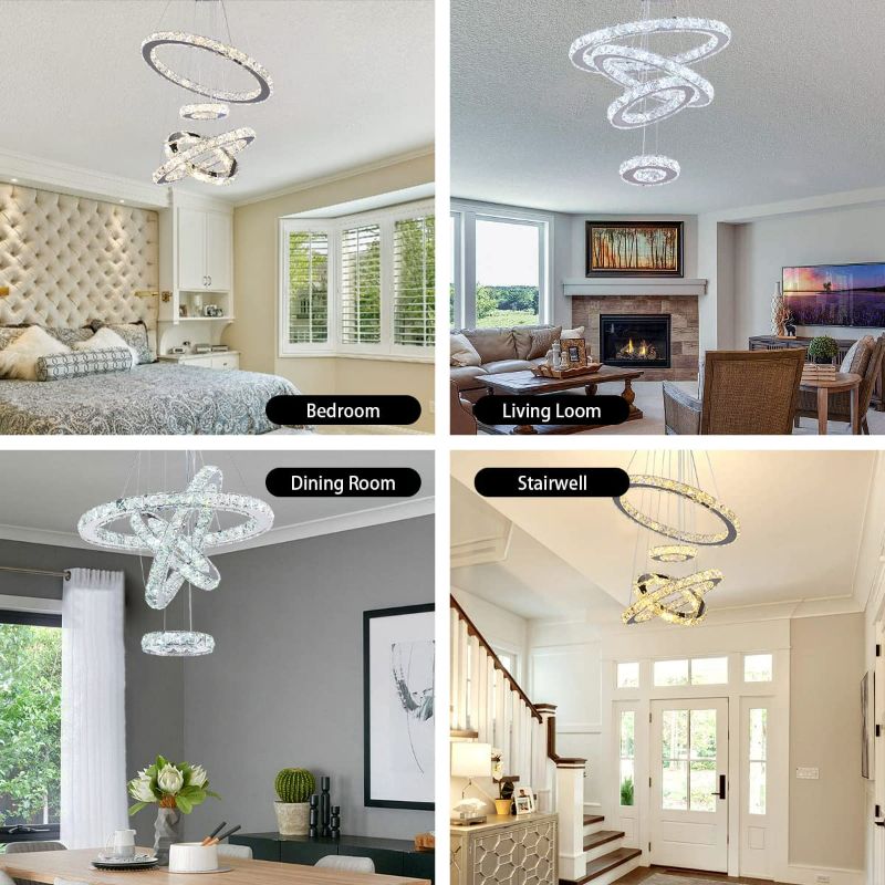 Photo 2 of LED Chandeliers, Modern Crystal Chandelier Dining Room Living Room LED Ceiling Pendant Light 4 Rings Adjustable Stainless Steel Contemporary Chandeliers (4r Cool White)