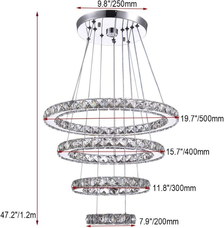 Photo 3 of LED Chandeliers, Modern Crystal Chandelier Dining Room Living Room LED Ceiling Pendant Light 4 Rings Adjustable Stainless Steel Contemporary Chandeliers (4r Cool White)