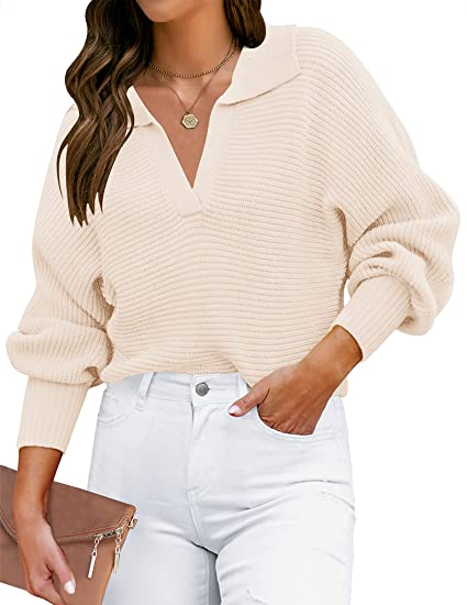 Photo 1 of  Women's 2023 Fall Lapel Collar V Neck Long Sleeve Ribbed Knit Comfy Loose Casual Pullover Sweater Jumper Top XL