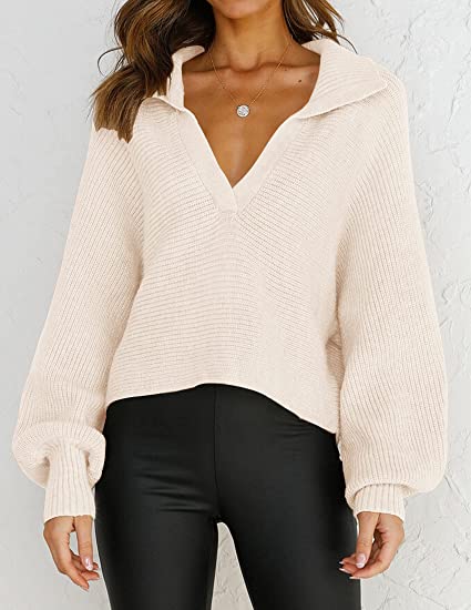 Photo 3 of Women's 2023 Fall Lapel Collar V Neck Long Sleeve Ribbed Knit Comfy Loose Casual Pullover Sweater Jumper Top