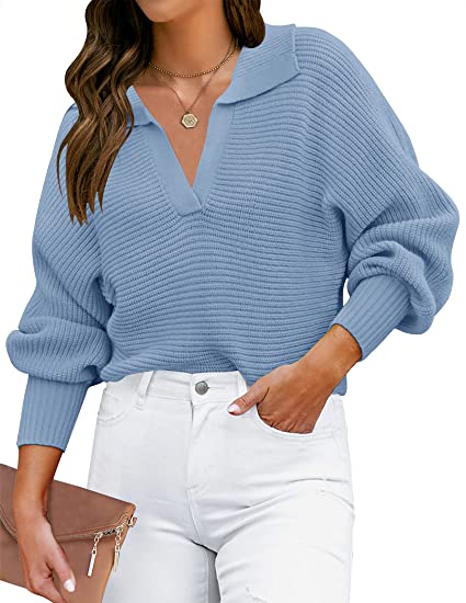 Photo 2 of Women's 2023 Fall Lapel Collar V Neck Long Sleeve Ribbed Knit Comfy Loose Casual Pullover Sweater Jumper Top