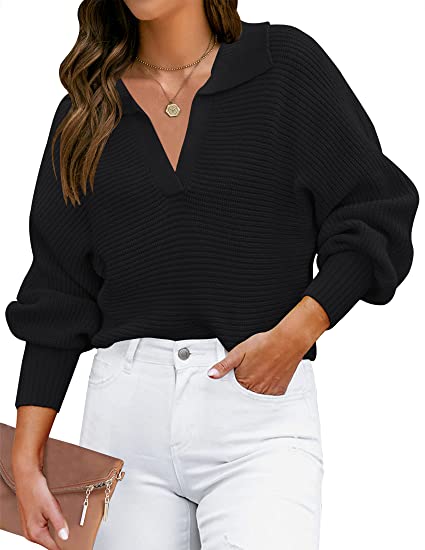 Photo 1 of Women's 2023 Fall Lapel Collar V Neck Long Sleeve Ribbed Knit Comfy Loose Casual Pullover Sweater Jumper Top