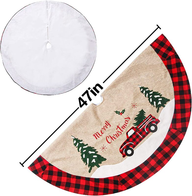 Photo 2 of Christmas Tree Skirt, 48 inch Red Truck Christmas Tree Skirt with Buffalo Plaid Edge Tree Decorations for Christmas Holiday Party