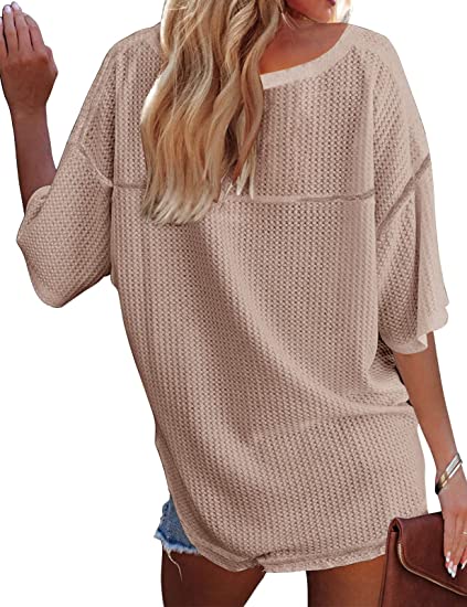 Photo 3 of Women's V Neck Batwing Half Sleeve Shirts Waffle Knit Loose Blouse Solid Color Tops S
