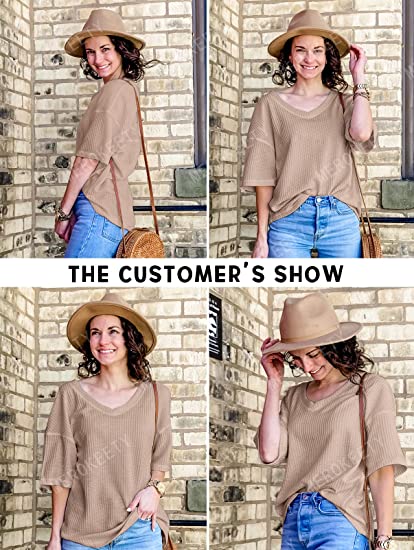 Photo 1 of Women's V Neck Batwing Half Sleeve Shirts Waffle Knit Loose Blouse Solid Color Tops S