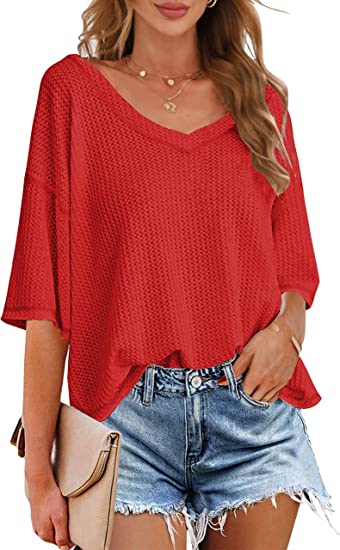 Photo 2 of Women's V Neck Batwing Half Sleeve Shirts Waffle Knit Loose Blouse Solid Color Tops size M