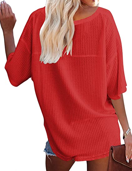 Photo 1 of Women's V Neck Batwing Half Sleeve Shirts Waffle Knit Loose Blouse Solid Color Tops size M