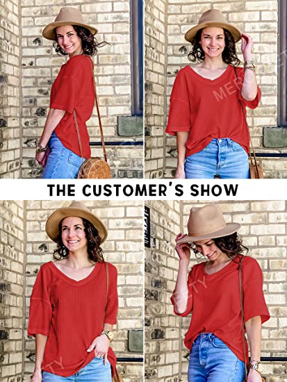 Photo 3 of Women's V Neck Batwing Half Sleeve Shirts Waffle Knit Loose Blouse Solid Color Tops size M