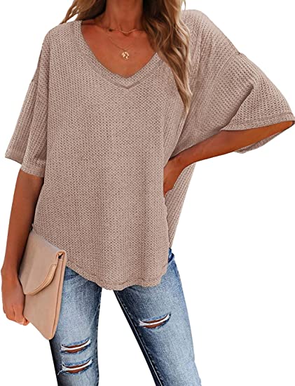 Photo 1 of Women's V Neck Batwing Half Sleeve Shirts Waffle Knit Loose Blouse Solid Color Tops L