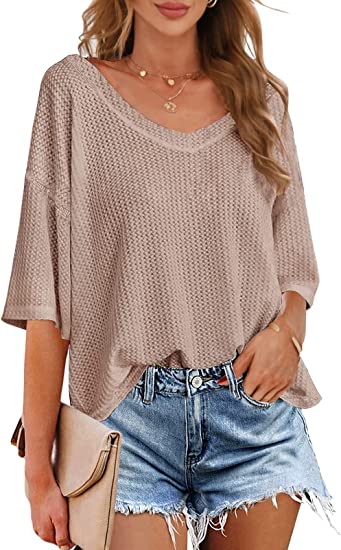 Photo 2 of Women's V Neck Batwing Half Sleeve Shirts Waffle Knit Loose Blouse Solid Color Tops L