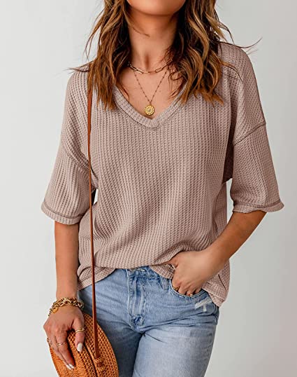 Photo 3 of Women's V Neck Batwing Half Sleeve Shirts Waffle Knit Loose Blouse Solid Color Tops L