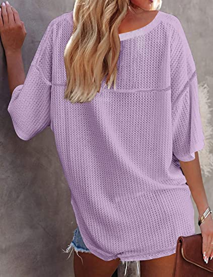 Photo 1 of Women's V Neck Batwing Half Sleeve Shirts Waffle Knit Loose Blouse Solid Color Tops S